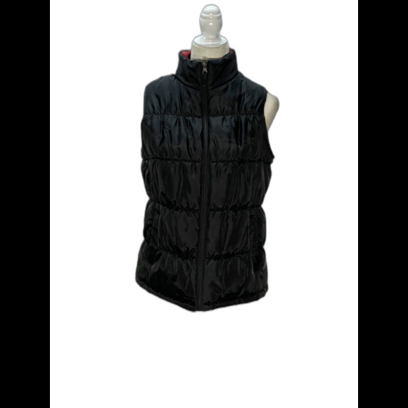 Merona Women's Reversible Vest Jacket Size L Coat Plaid Checks  Black Red Zip - Picture 10 of 15